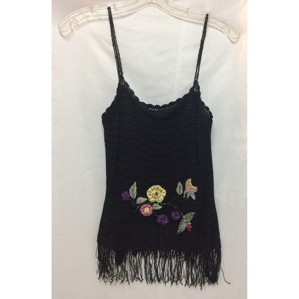 Sisters Black Crochet Floral Embroidered Fringe Camisole Tank Top Medium